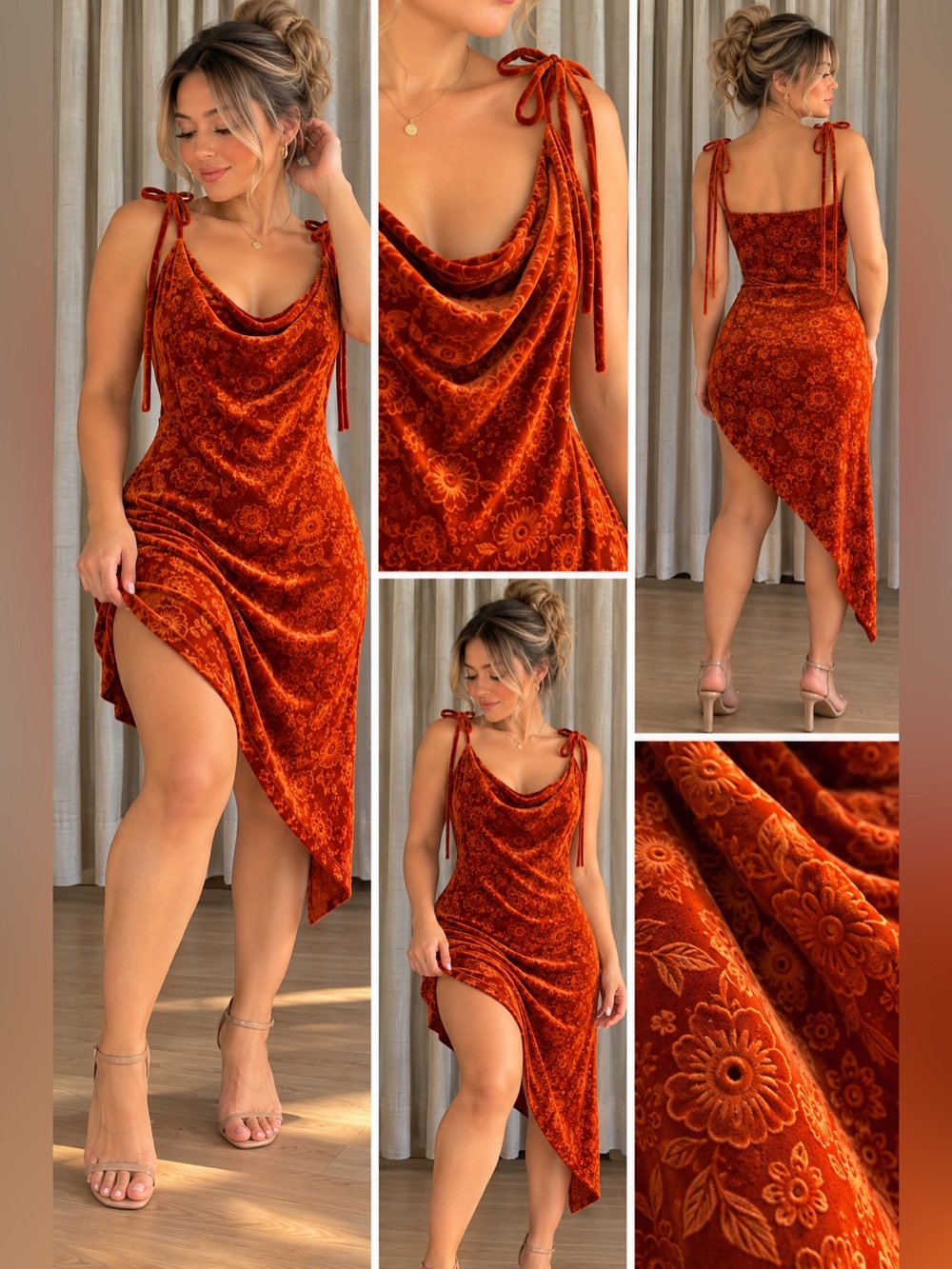 Rust Floral Velvet Asymmetric Slip Dress - Brand: